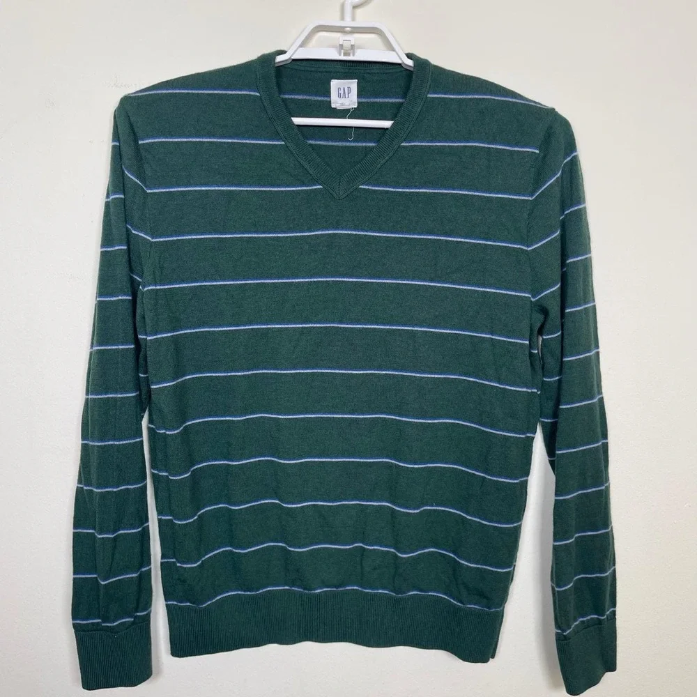 Vintage Gap V-Neck Sweater Men L Green Striped 100% Merino Extra Fine Wool Y2K